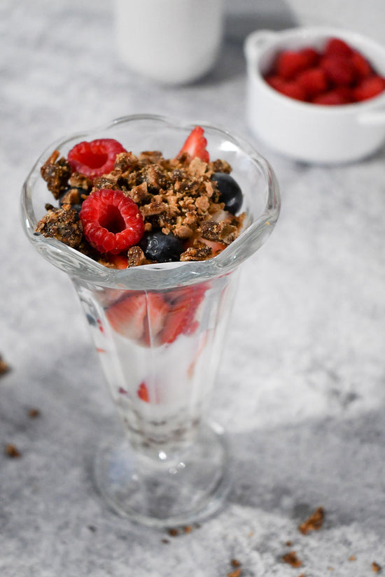 Banana Date Swirls with Almond Milk and Fresh Berries